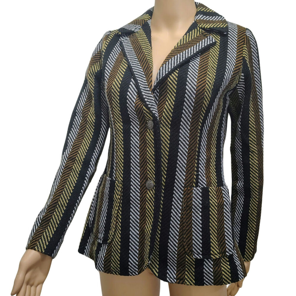 70s Striped Tread Design Fitted Single Breasted Blazer Outside Pockets SZ Small